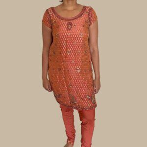 Orange gold Beaded sequins paisley Salwar churidar Set Indian Wedding Party boho